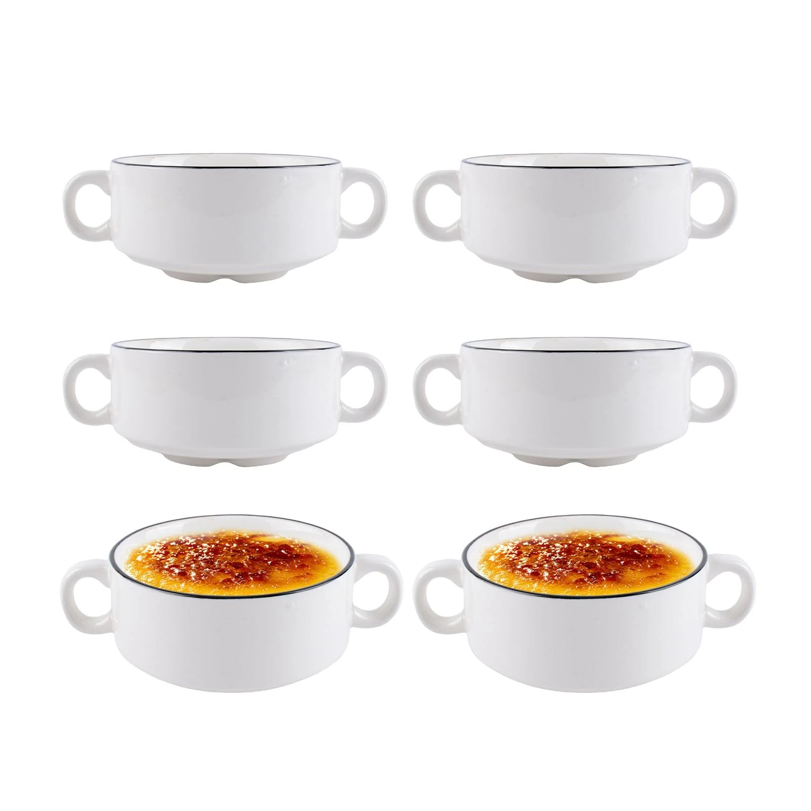 Porcelain Ramekins Set of 6, 15.5 x 10.5 x 5.5cm Ramekins for Baking, Rotundity Creme Brulee Dish with Double Handle (White)