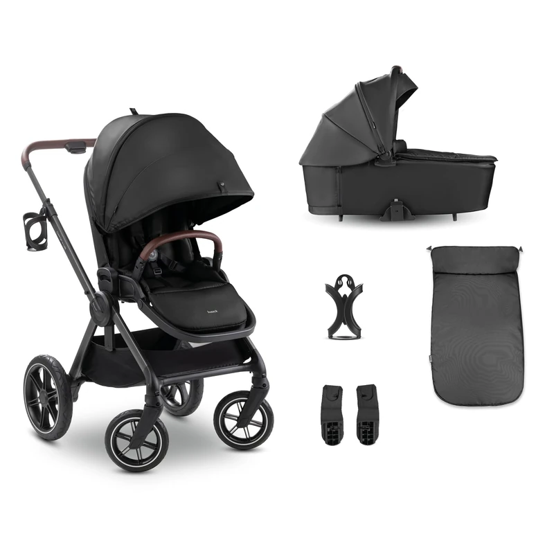Hauck Comfort N Care Set, Black - 2-in-1 Pushchair with Rubber Wheels, Newborn Baby Carrycot with Memory Buttons, Reversible Reclining Seat up to 22 kg, Leg Cover, Drink Holder, Suspension