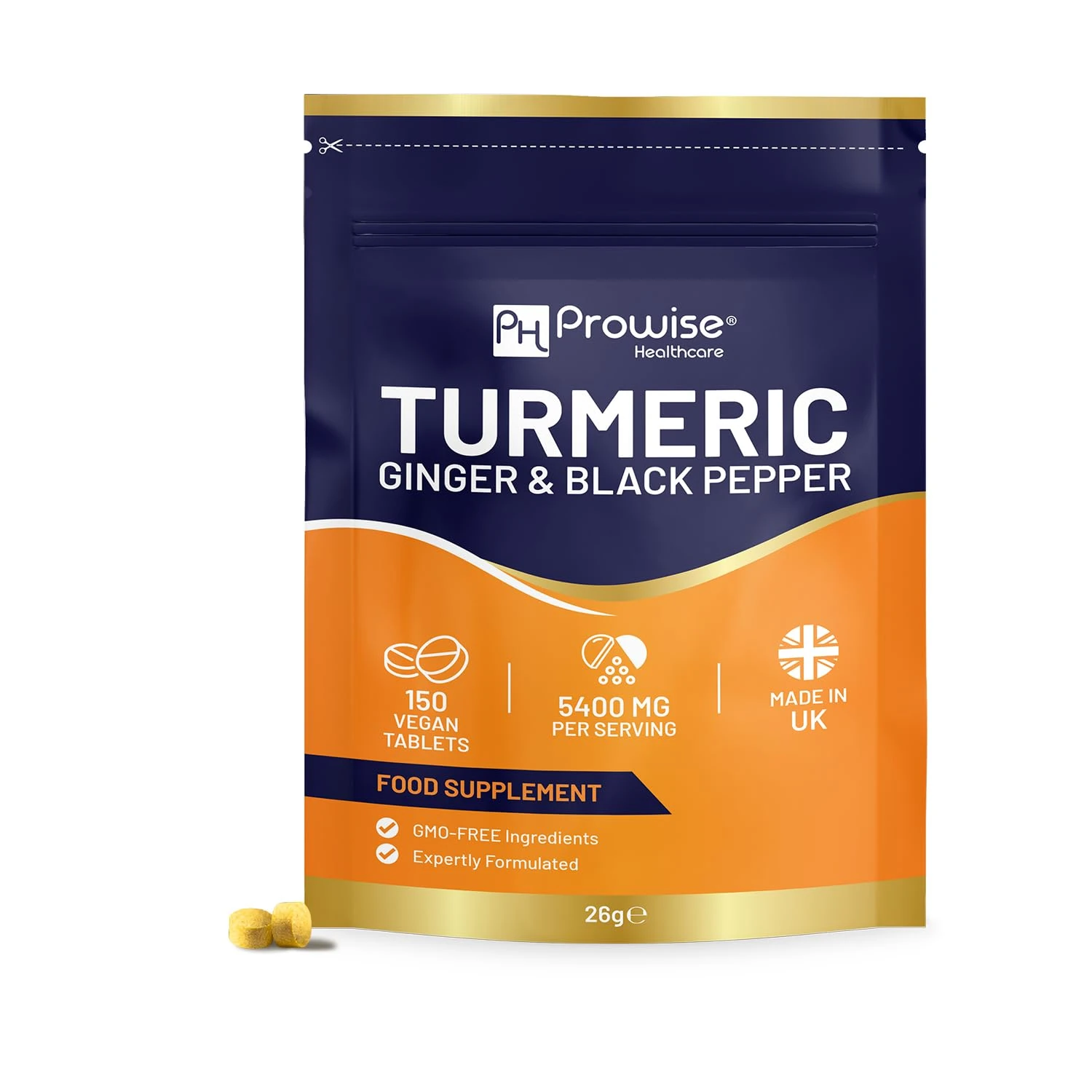 Turmeric Tablets 5400mg with Black Pepper, Ginger - High Strength Turmeric 95% Curcumin Supplements | 150 Easy Swallow Tablets (Not Capsules or Powder) - Letterbox Friendly - Made in UK - Prowise