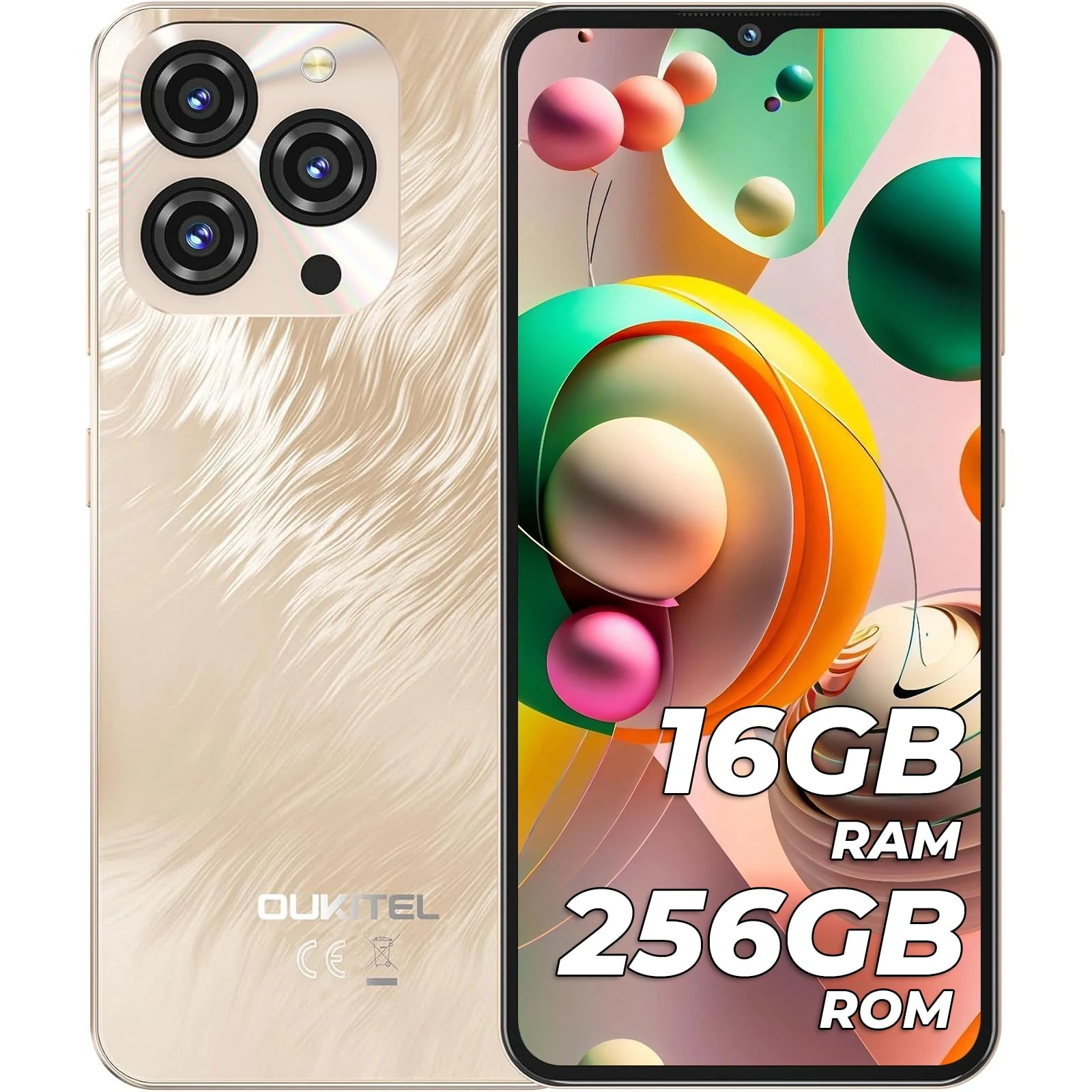 OUKITEL C3 Mobile Phones, 16GB+256GB/1TB, 6.5’’HD+ Waterdrop Display, 5000mAh Battery, Android Phone, 4G Dual SIM Free Unlocked, Fingerprint, 3.5mm Jack, OTG, Protective Case - Gold