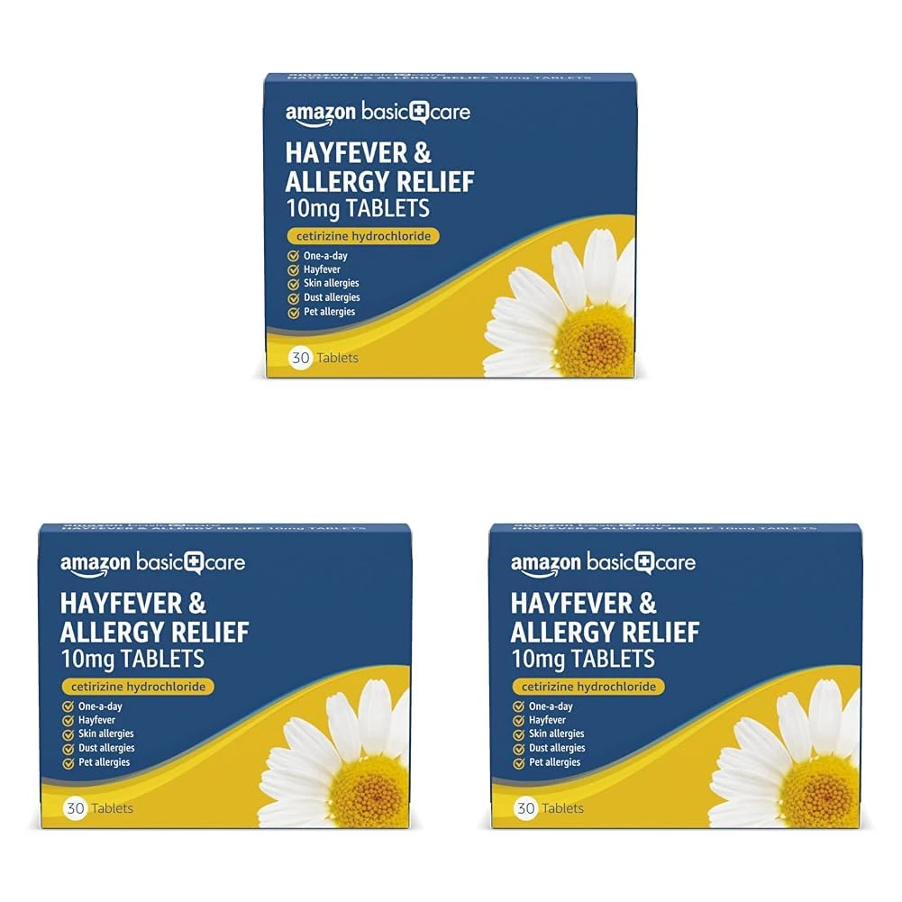 Amazon Basic Care Hayfever & Allergy Relief 10mg Tablets, Cetirizine Hydrochloride, 30 Tablets (Pack of 3) - Effective Relief from Hayfever, Skin Allergies, Dust Allergies and Pet Allergies