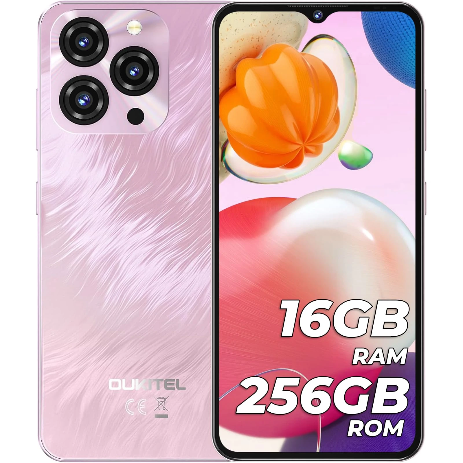 OUKITEL C3 Mobile Phones, 16GB+256GB/1TB, 6.5’’HD+ Waterdrop Display, 5000mAh Battery, Android Phone, 4G Dual SIM Free Unlocked, Fingerprint, 3.5mm Jack, OTG, Protective Case - Pink
