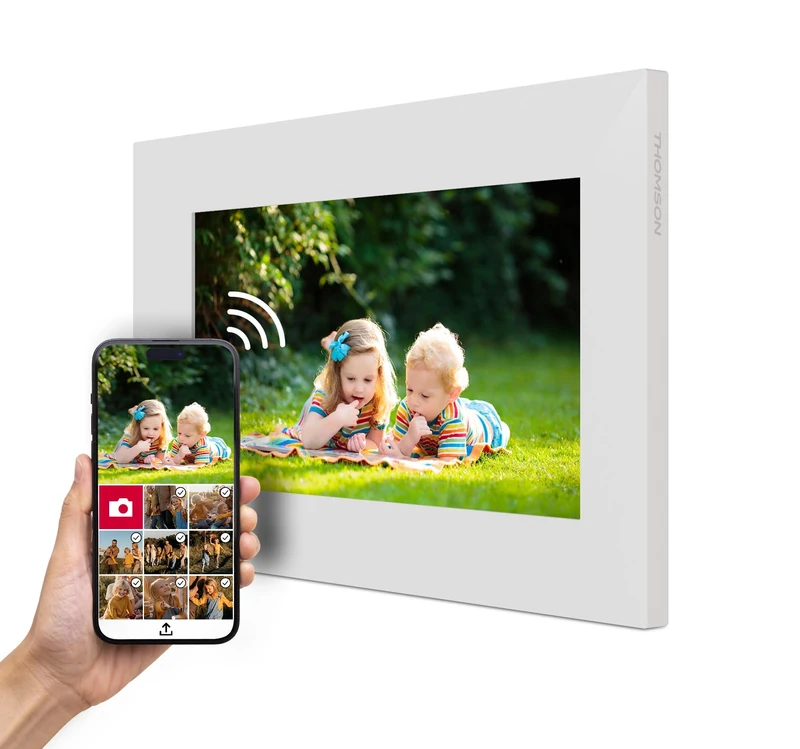 Thomson 7 Inch White Digital Frame HD Resolution 1024 IPS Touch, WiFi, Automatic Rotation, Multiuser, Video, Slideshow