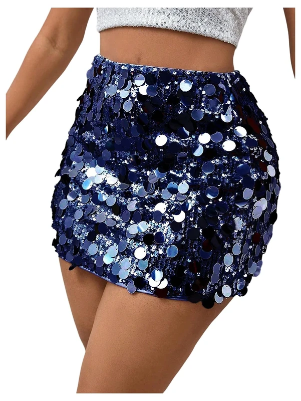 Floerns Women's Contrast Sequin High Waist Shining Party Bodycon Mini Skirt, Dark Blue, L