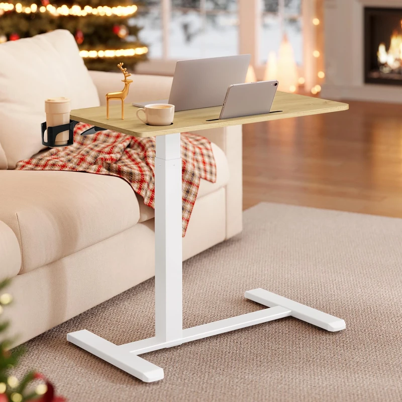 VASAGLE Side Table, Overbed Table with Wheels, Small Standing Desk, 80 x 45 cm Tabletop, Adjustable Height, 2 Cup Holders, Phone and Tablet Slot, Golden Oak LSD601YA01