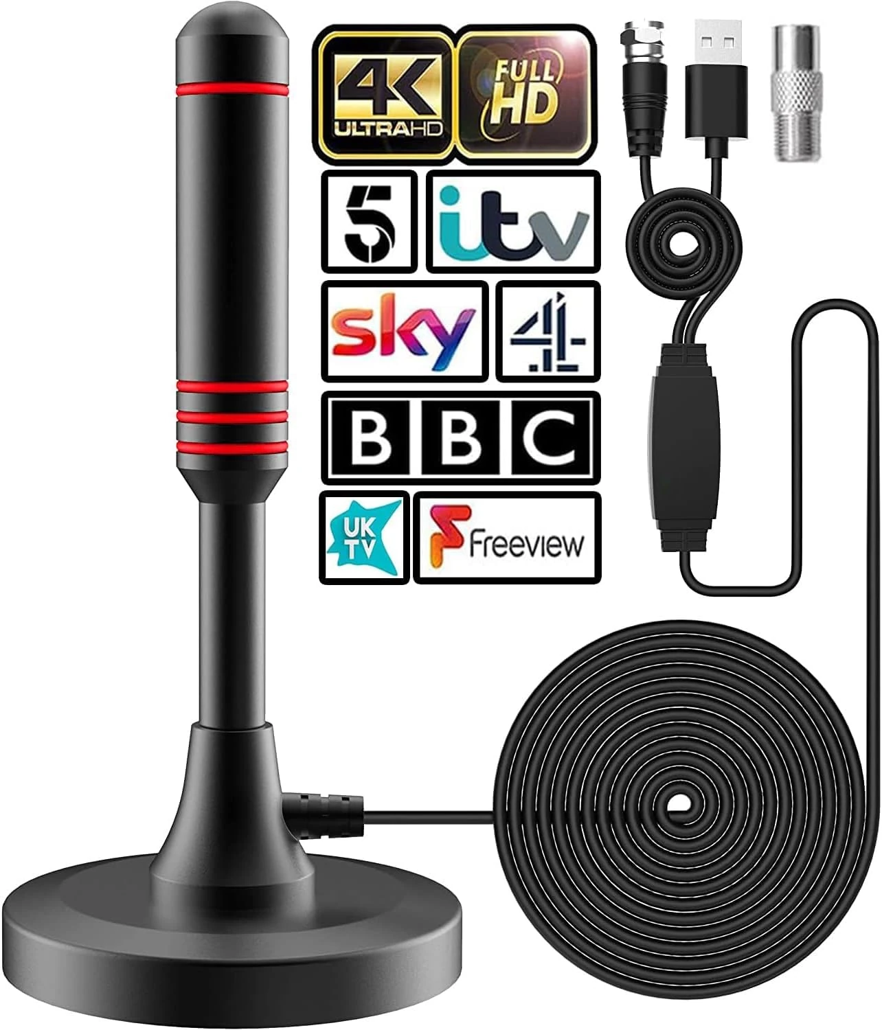 2025 Newest HDTV Aerial - Indoor TV Aerial for Smart TV with Signal Booster - Digital TV Aerial for Freeview TV 600 Miles Long Range Support 4K 1080P -With Magnetic Base / 16.5FT Coax Cable (T808)