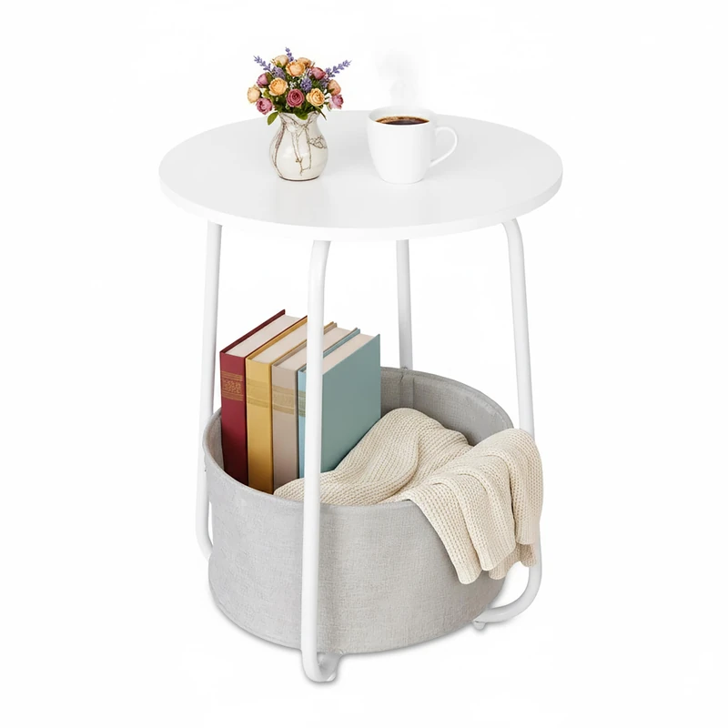 Relaxdays side table, round coffee table with fabric basket, H: 50x40 cm, living room table, MDF & metal, white/grey - Image 1