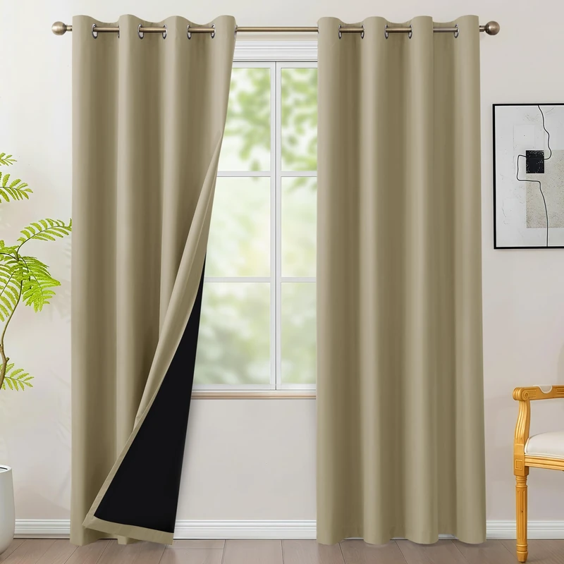 BONZER 100% Blackout Curtains 84 inches Long - 4 Panels Thermal Insulated Light Blocking Window Drapes, Single Layer Privacy Curtain with Black Laminated Backing for Bedroom/Living Room, Taupe