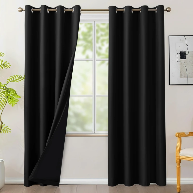 Bonzer 100% Blackout Curtains 84 inches Long - 4 Panels Thermal Insulated Light Blocking Window Drapes, Single Layer Grommet Curtain with Black Laminated Backing for Bedroom/Living Room, Black