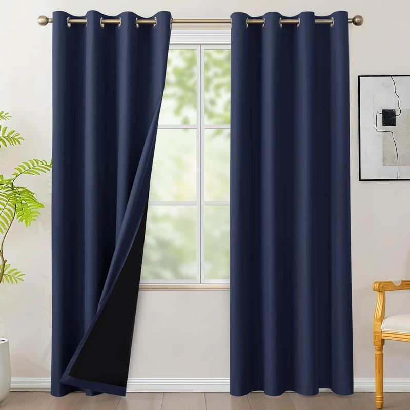 BONZER 100% Blackout Curtains 84 inches Long - 4 Panels Thermal Insulated Light Blocking Window Drapes, Single Layer Grommet Curtain with Black Laminated Backing for Bedroom/Living Room, Navy Blue