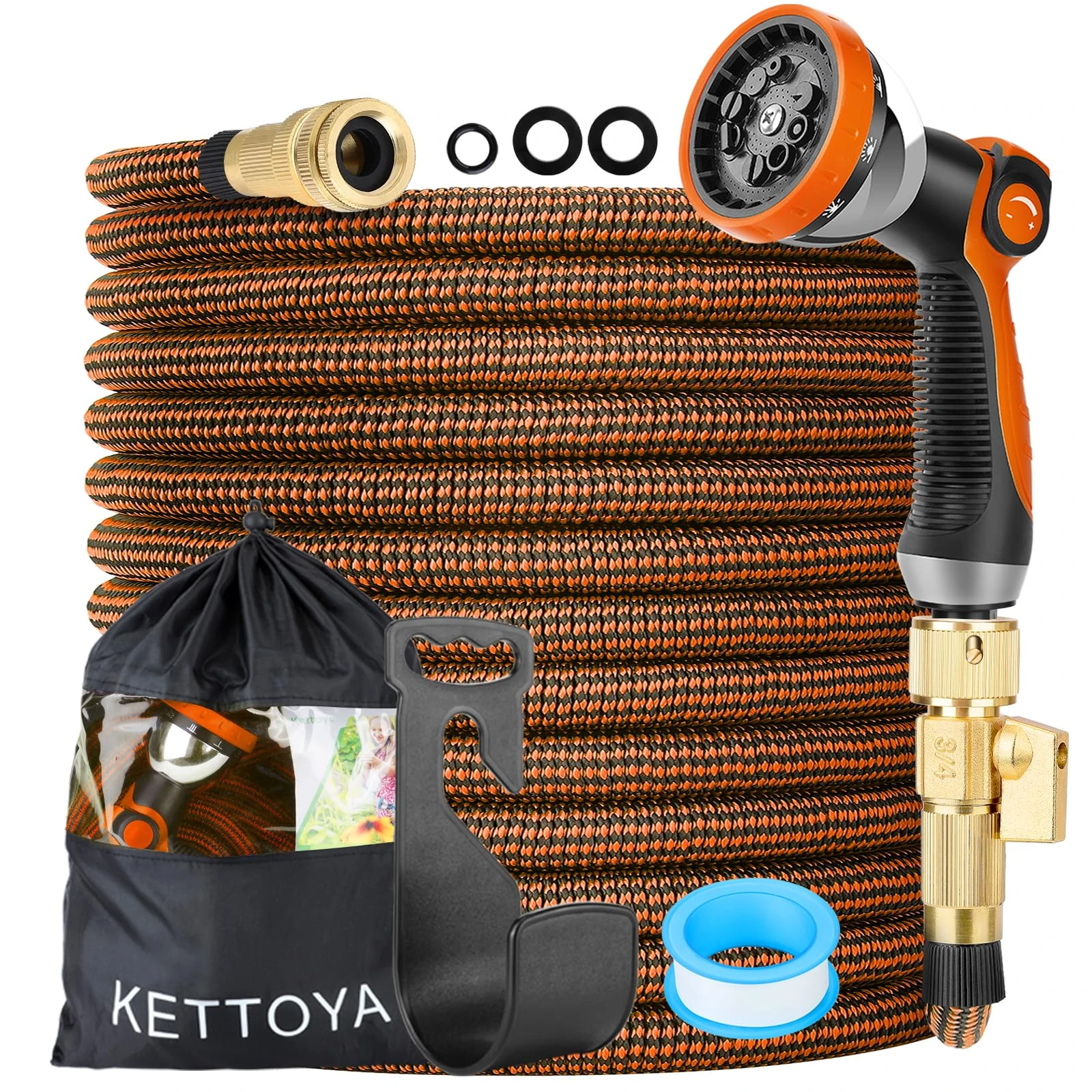 KETTOYA 100FT Expandable Garden Hose, Hose Pipe with 10-Pattern Spray Nozzle, 2-in-1 Valve Quick Connector, Flexible Heavy Duty Water Hose, Durable 3750D, 4-Layer Latex Core, Leak-Proof, Kink-Free