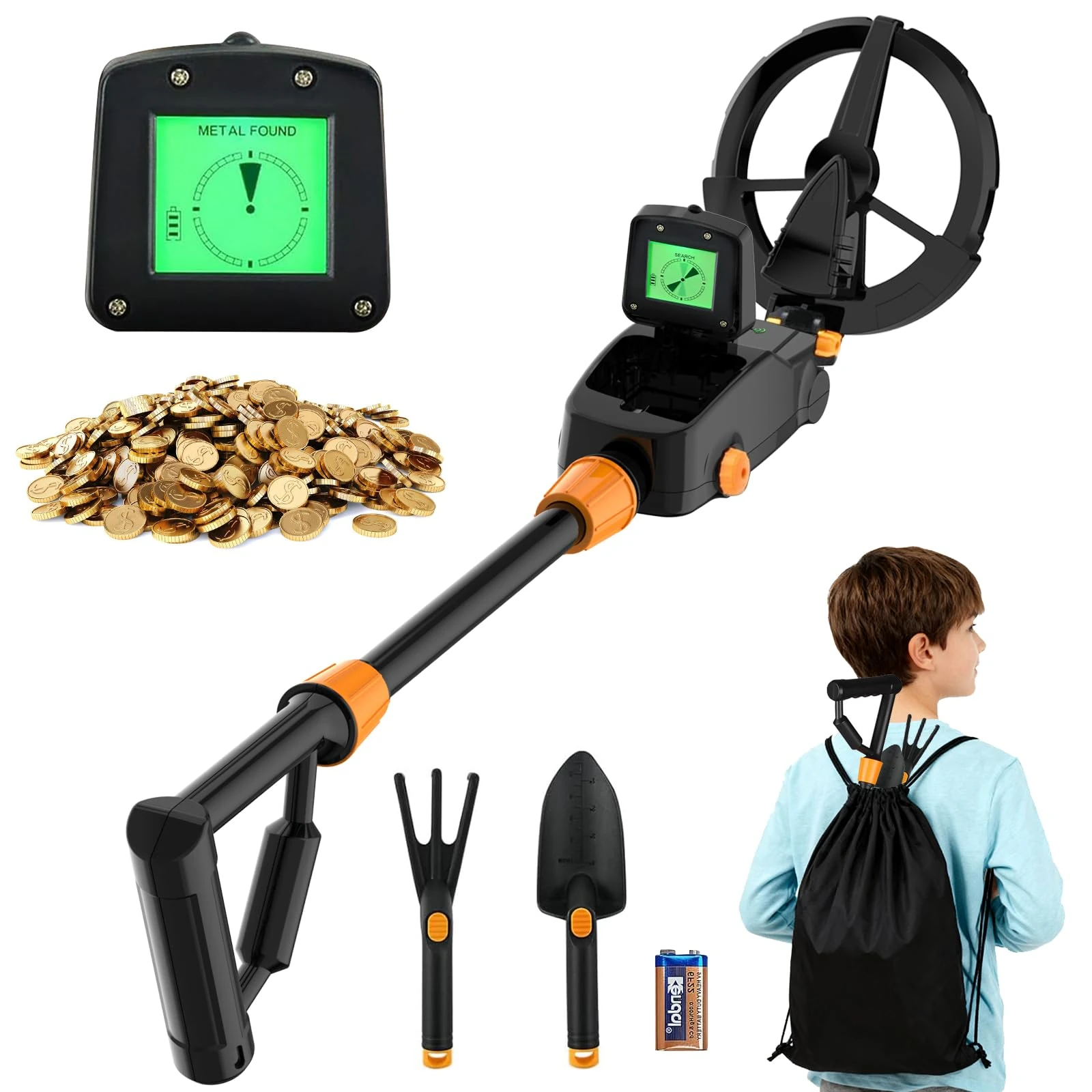 Metal Detector for Kid, Metal Detector with LCD & Sound Indication, 7" IP68 Waterproof Coil, Lightweight High Sensitivity Starter Gold Detector Kit with Shovel, Rake and Backpack, Gift for Boys/Girls