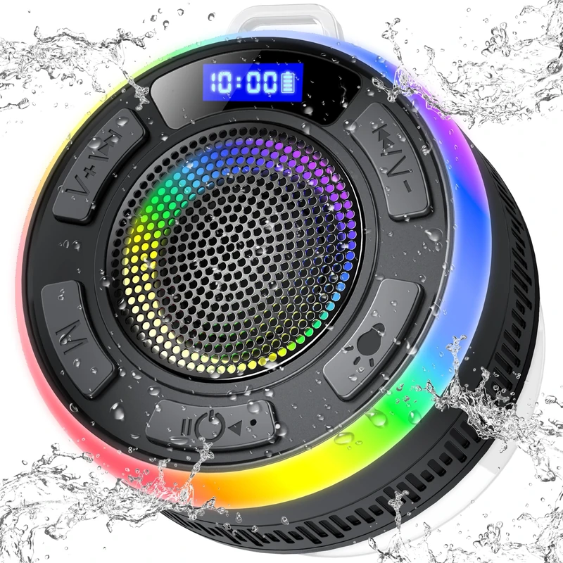 PRSCFUM Bluetooth Shower Speaker, Portable Wireless Speaker IP7 Waterproof 360° Surround Sound, Bulit-in Mic, LED Light, Bathroom Speaker with Suction Cup for Bathroom, Party, Outdoor, Travel (New)