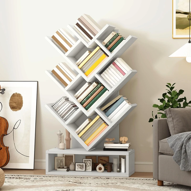 YITAHOME Tree Bookshelf, Wider Tree Bookcase, Modern Wood Book Shelf Industrial Freestanding Corner Shelf for Books/Movies/CDs, Narrow Display Rack for Living Room, Home Office, Wood