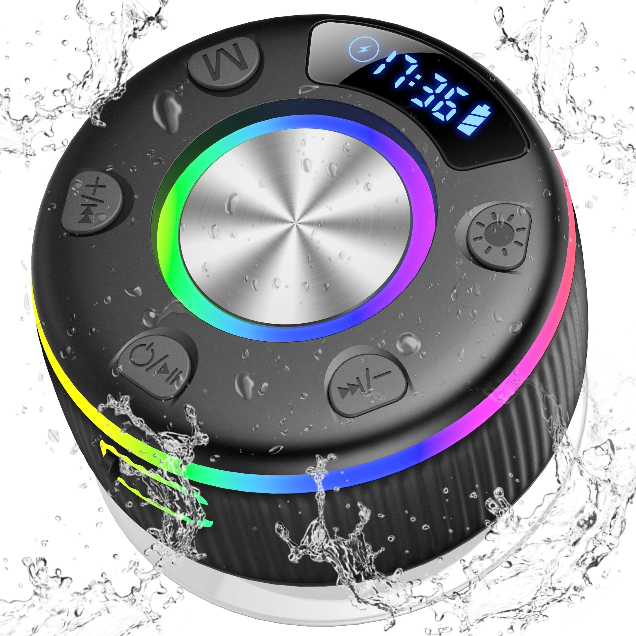 Bluetooth Shower Speaker, IP7 Waterproof Portable Bluetooth 5.3 Speakers with Loud Stereo Sound, Mini Wireless Speaker with RGB Lights Time Display Suction Cup for Bathroom Beach Travel Outdoor Party