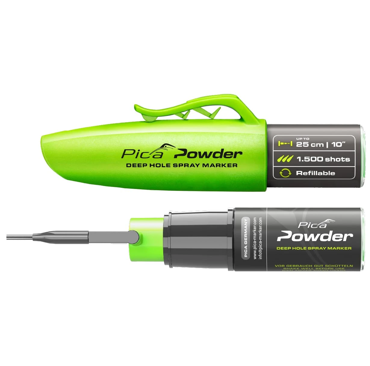 Pica Powder® Deep Hole Spray Marker PICA2020. Holes from 3mm & Marks Through Upto 25cm. High-Vis Green Chalk. Refills for Long-Term use-1500 Shots lifespan. 1 Handed Spray Action. 360° Spray Nozzle.