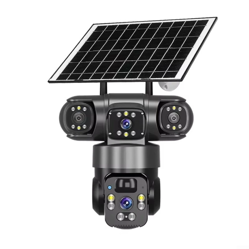 V380 PRO Wireless Solar Security Camera System 4K Three-Lens 360° PTZ 2.4G WiFi Color Night-Vision IP66 Weatherproof Motion Alerts Cloud TF Storage Two-Way Audio Outdoor CCTV(Black)