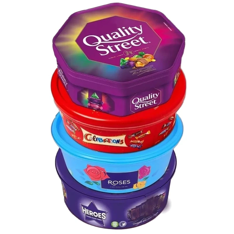 Oscanoltd 4 x Chocolate Tubs ASSORTED PACK 1 EACH Of Celebrations, Heroes, Roses, Quality Street Chocolate Sharing Tub Perfect For Any Occasion Ideal Gifts