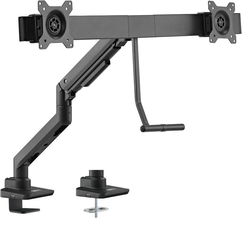 goobay dual monitor mount for 2 monitors, 17-32 inch screen, height-adjustable/swivelling table mount for desk with handle, tiltable screen mount, black - 74074