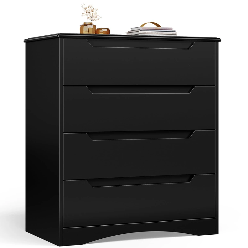 Bealife Chest of Drawers, Bedroom Chest of Drawers with 4 Spacious Drawers, Cabinet with Drawers with Cut-Out Handles and Tilt Protection, Drawer Cabinet Ideal for Living Room, Office (Black)