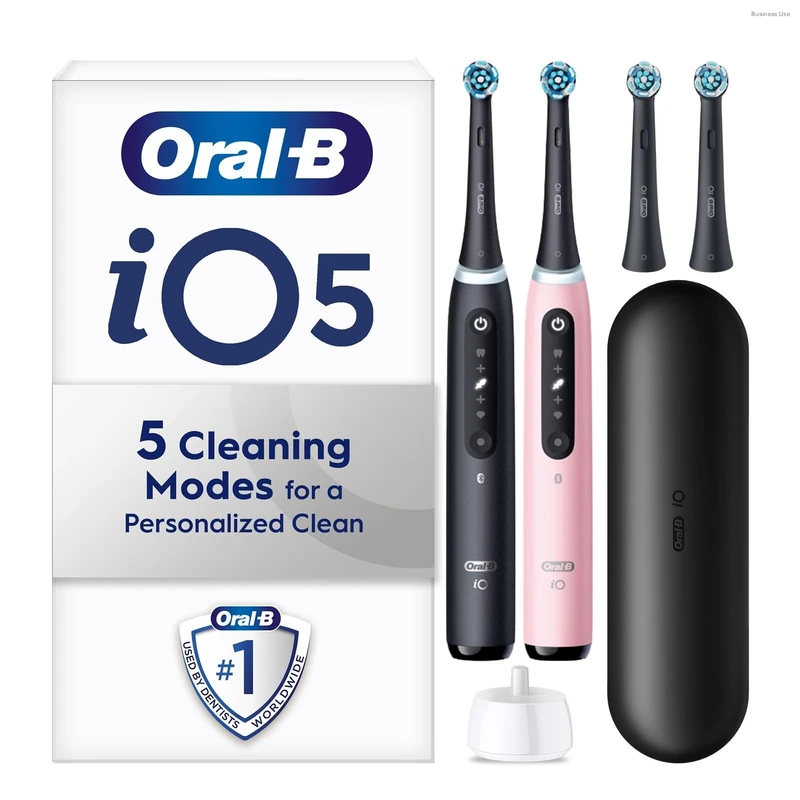 Oral-B iO5 Matte Black and Blush Pink Duo Pack Electric Toothbrushes, Oral-B iO Ultimate Clean Black Toothbrush Heads x 2 Bundle - Image 1