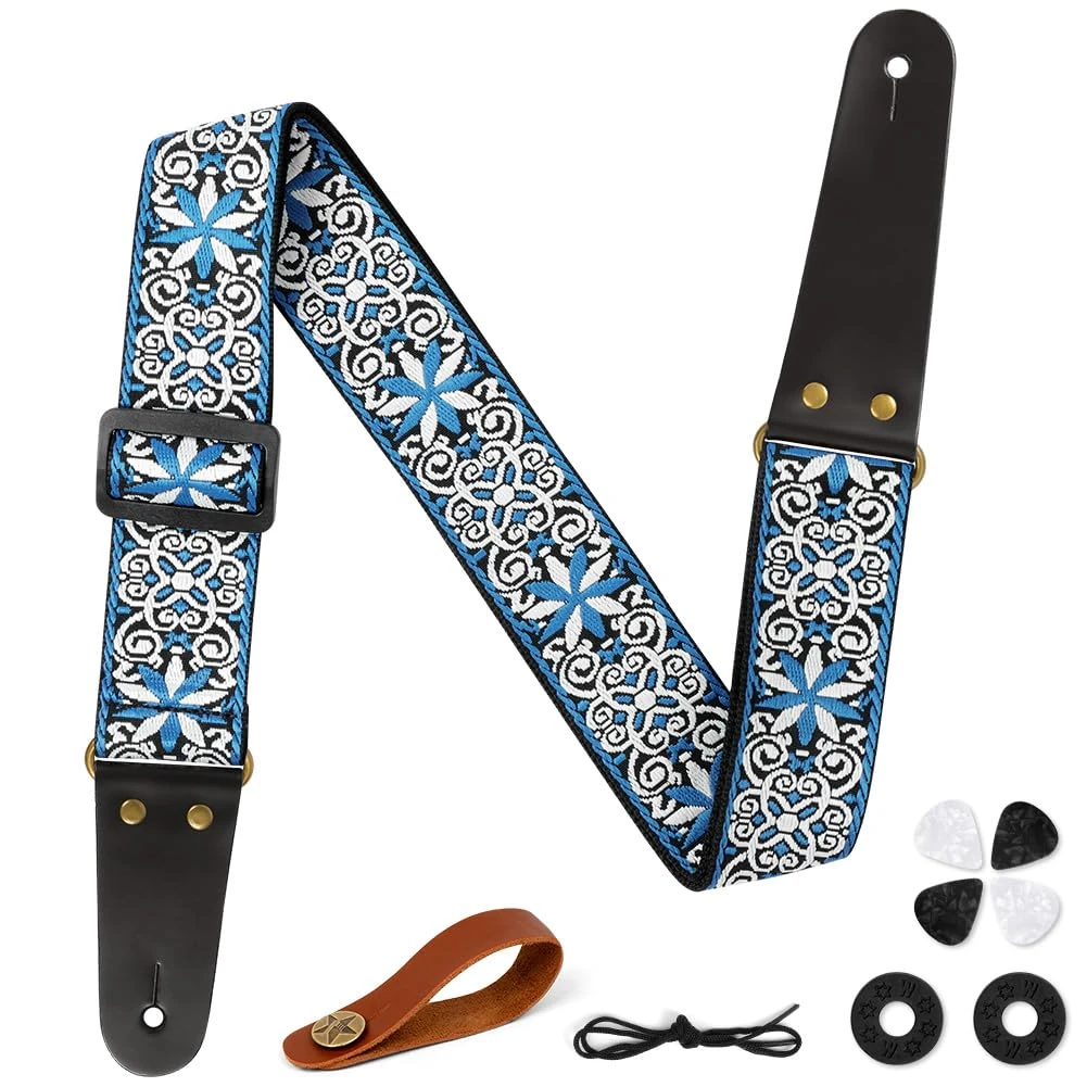 Aucuu Guitar Strap, 2" Embroidery Guitar Straps with Leather Ends Shoulder Strap, Vintage Embroidered Guitar Straps Come with Button, 1 Pair Locks and 4 Guitar Picks