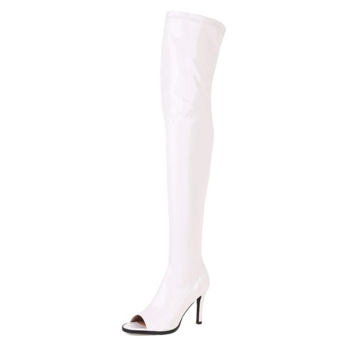 Ceciloroda Women's Overknee Boots Peep Toe Stiletto Heels Stretch Thigh High Boots Patent Pole Stripper Dance Heels Botas de Mujer White Size 39