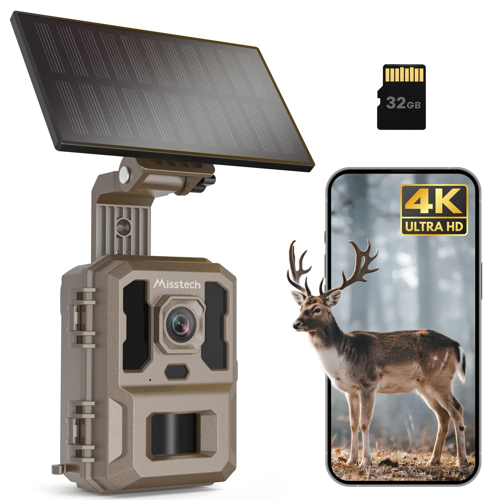 Misstech 4K UHD Trail Camera Solar-Powered, 64MP Wildlife Cam Support 0.1s Motion Trigger, Clear Night Vision, Time-Lapse Magic, App Control, Map Tag, IP66 Outdoor Camera with 32GB Micro SD