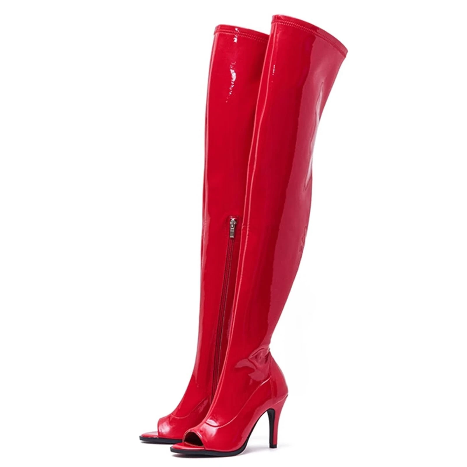 Ceciloroda Women's Overknee Boots Peep Toe Stiletto Heels Stretch Thigh High Boots Patent Pole Stripper Dance Heels Botas de Mujer Red Size 39