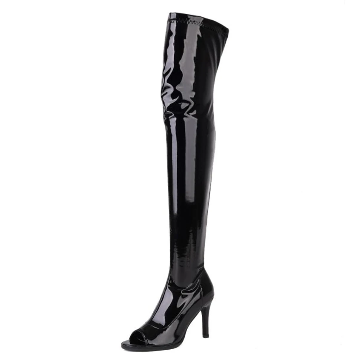 Ceciloroda Women's Overknee Boots Peep Toe Stiletto Heels Stretch Thigh High Boots Patent Pole Stripper Dance Heels Botas de Mujer Black Size 39