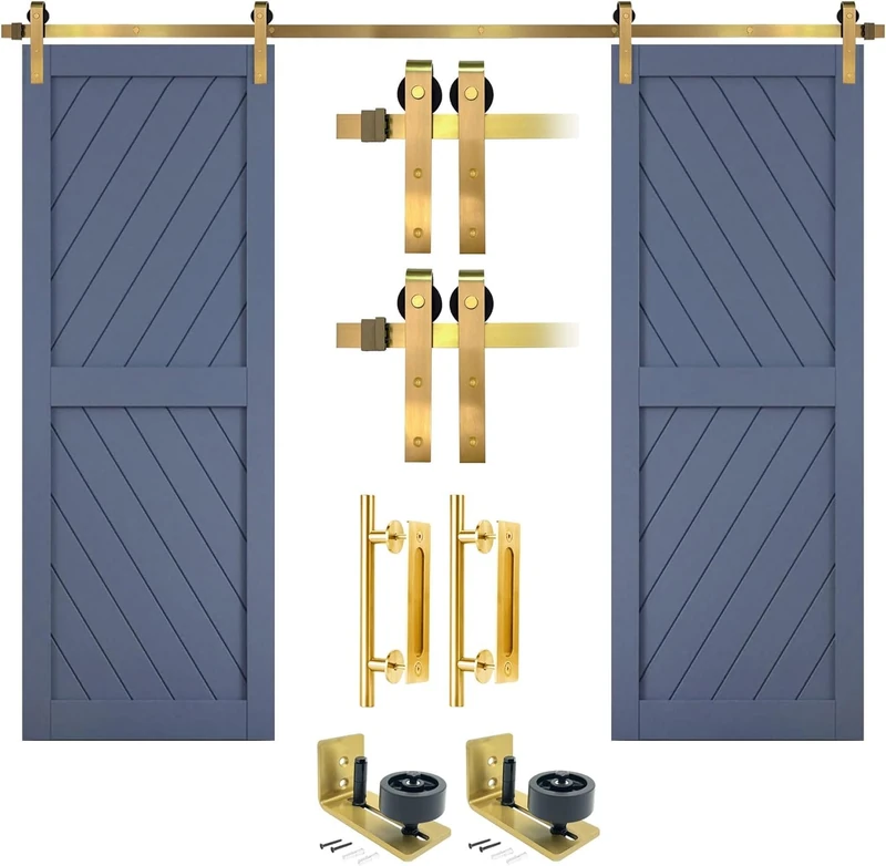 Rio Salto Gold Barn Door Hardware Kit Adjustable Length Sliding Door Hardware Modern Barn Interior Brushed Brass Panel Hardware (Hardware Kit Plus, 13ft - Double Door)