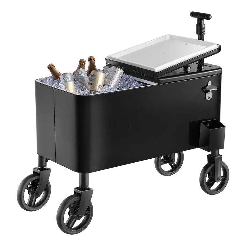 VEVOR 80 Quart Rolling Ice Chest Cart, with 2-Stage Telescopic Pull Handle and 2 Swivel Casters, Portable Table Beach Patio Party Bar Cold Drink Beverage, Outdoor Park Cart on Wheels, Black