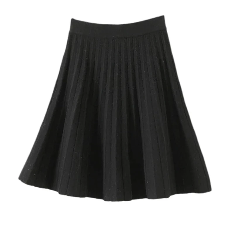 Women's High Waist Solid Knitting Skirt Wool Knitted Fashion A-Line Mini Skirts Black M