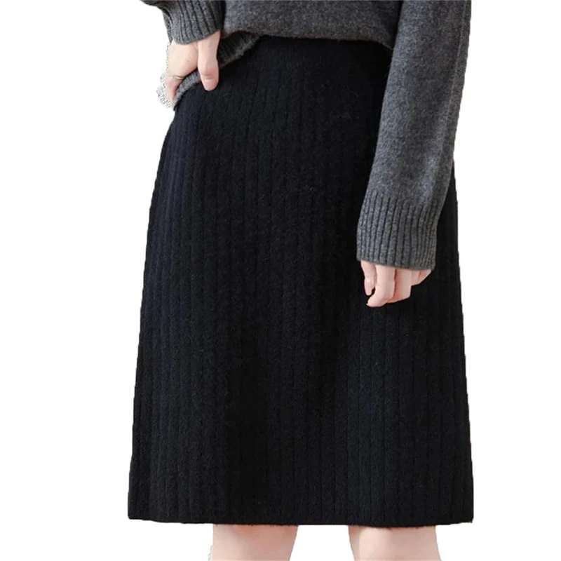 Women's Merino Wool Knitted Skirt Elastic Waist Casual Fashionable Striped Mini Slim Skirts Black M