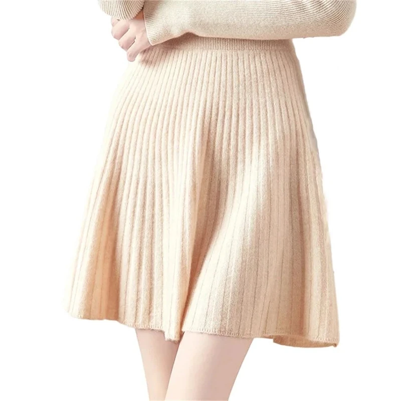 Women's Merino Wool Mini Business Skirts Solid A-Line Knitted Fashion Preppy Skirt Beige XXL