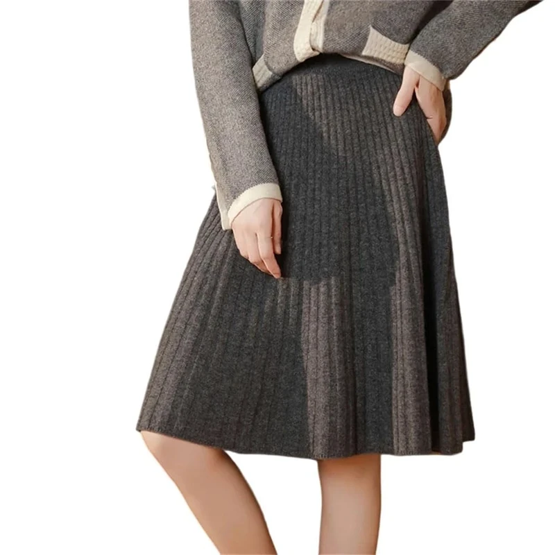 Women Elegant Wool Knitted Skirt Fashion Solid High Waist Casual A Line Mini Skirts Gray L