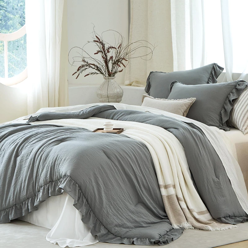 softpage Gray Ruffle Comforter Set Queen, Pre-Washed Shabby Chic Bedding Set, Lightweight Cottagecore Soft Romantic Cozy 1 Comforter & 2 Shams, All-Season