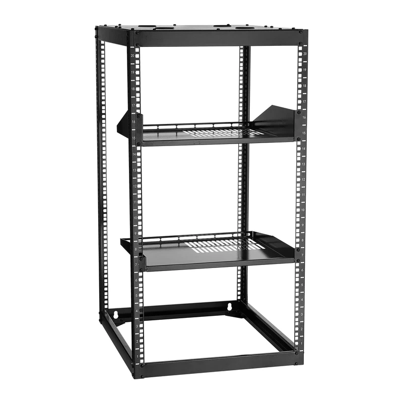 VEVOR 20U Open Frame Network Rack, 23 in Depth, Wall Mounted or Floor Standing Server Rack, Heavy Duty 4 Post, with Vented Shelves & Mounting Hardware, Holds All Your Networking IT Equipment AV Gear