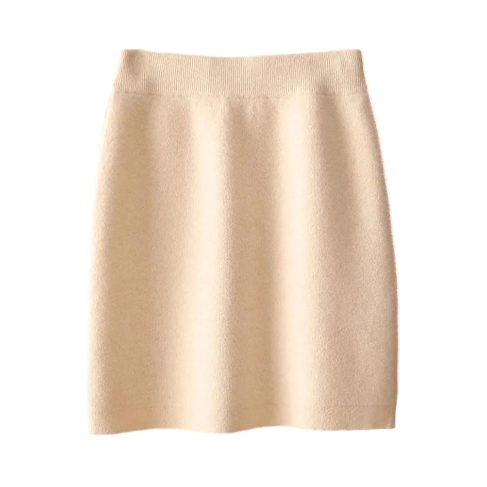 Women Fashion Wool Knitted Soft Skirt Elastic Waist Mini Business Slim Skirts Beige One Size