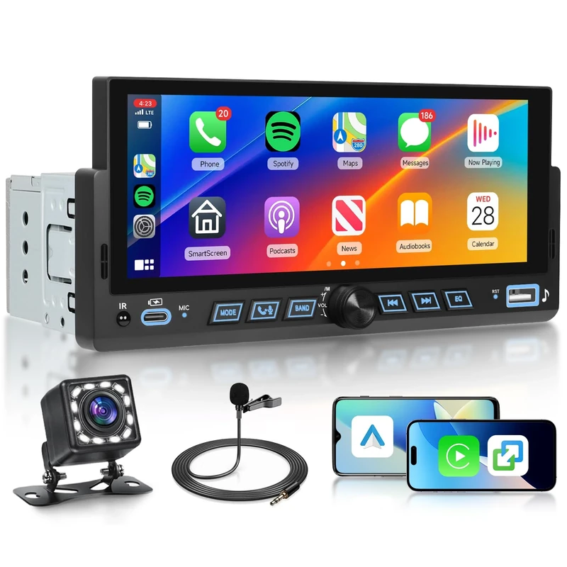 Rimoody 6.86 Inch Single Din Car Stereo with Wireless Carplay Android Auto, 1 Din Car Radio Touch Screen with Mirror link, Bluetooth 5.0, FM Radio, EQ, USB/Type-c/AUX//SWC//MIC Backup Camera