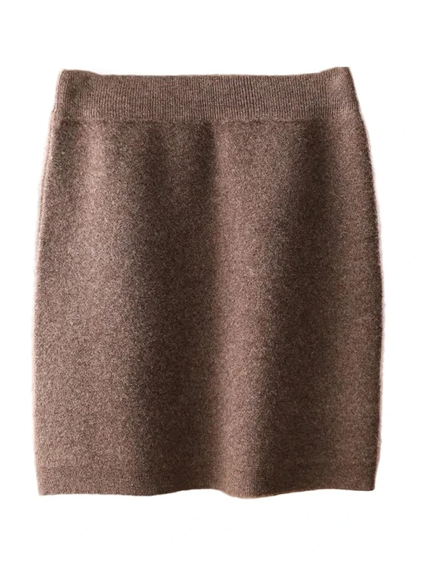 Women Mini Solid Slim Wool Skirt Elastic Waist Straight Knitted Business Skirts Moka One Size