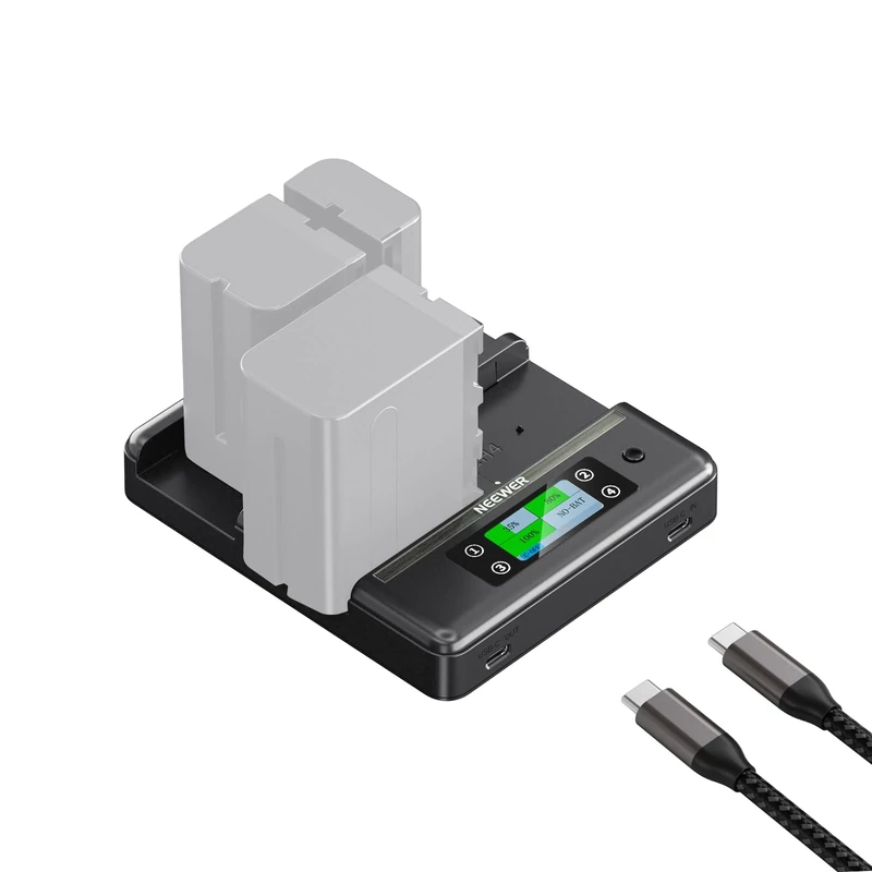 NEEWER NP-F970 4 Channel Charger with Smart Power Consolidation Compatible with Sony NP-F550 750 Camcorder NPF Camera Battery, PD100W Fast Charging/Dual USB C/OLED Display/100W Type C Cable, NW-F4R