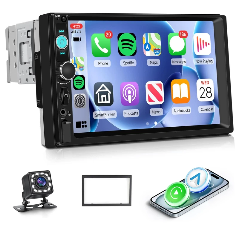 Rimoody 1 Din Wireless Carplay Car Radio Android Auto, 7'' Touch Screen Single Din Car Stereo with Mirror Link Bluetooth FM EQ Online Video SWC Dual USB AUX SD Backup Camera