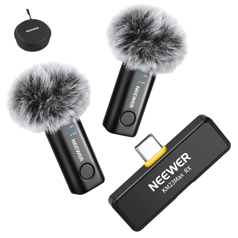 NEEWER KM23Max Wireless Lavalier Microphone 48KHz/24Bit 328ft Range 8H Battery Noise Cancelling Omnidirectional Mini USB C Mic Compatible with DJI Insta360 iPhone Android Phone PC (1x RX + 2x TX)