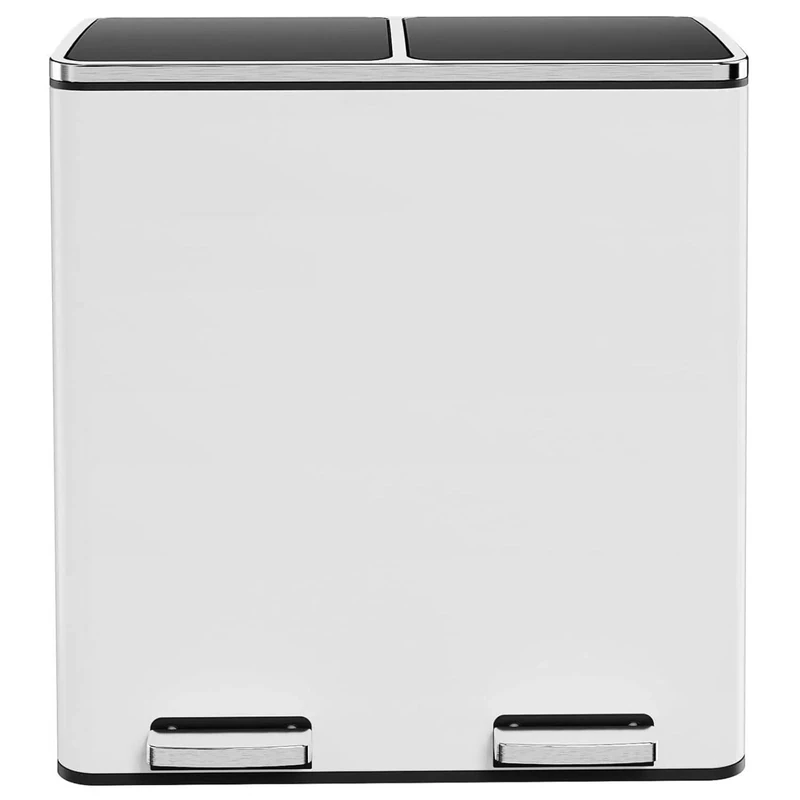 Clevich Kitchen Bin 60L, 2-Compartment Metal Trash Can with Soft-Close Lid, 2 Plastic Inner Buckets, 2 x 30 Litre Waste Separation System, Pedal Bin for Kitchen, Bathroom, Office