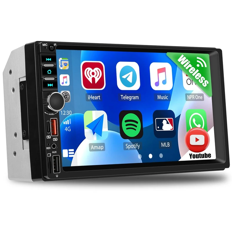CAMECHO Double Din Car Stereo with Wireless Carplay Android Auto Online Youtube, 7 inch IPS Touch Screen Car Radio Bluetooth Hands-Free FM Radio EQ Color Backlight USB/Type-C/SD Input SWC