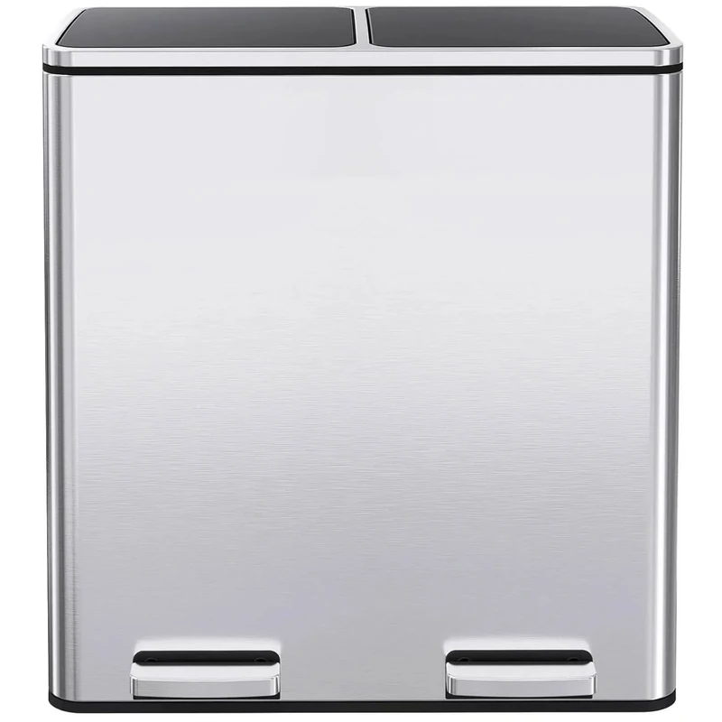 Clevich Kitchen Bin 60L, 2-Compartment Metal Trash Can with Soft-Close Lid, 2 Plastic Inner Buckets, 2 x 30 Litre Waste Separation System, Pedal Bin for Kitchen, Bathroom, Office