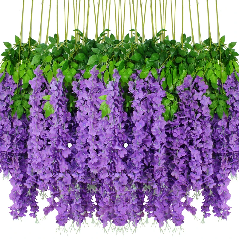 108pcs Artificial Wisteria Flowers 3.6 Feet/Piece Purple Dense Artificial Fake Wisteria Vine Ratta Hanging Garland Silk Flowers String Home Party Wedding Decor（Purple-Dense）