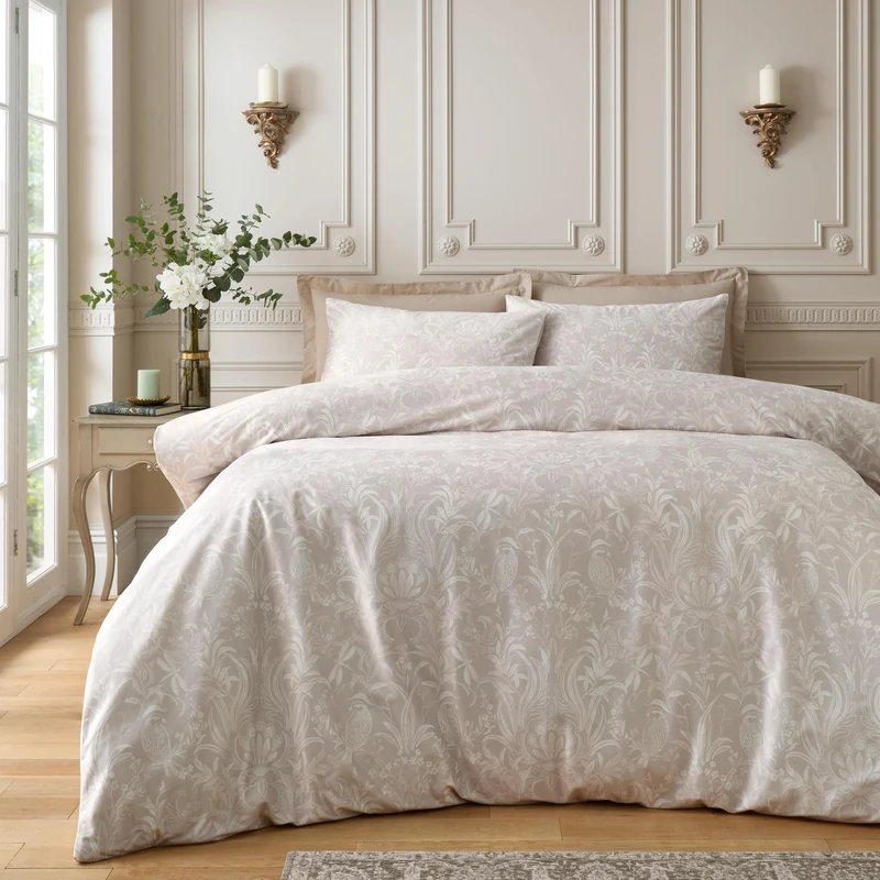 Catherine Lansfield Bridgerton Regal Birds Soft Velvet Double Duvet Cover Set with Pillowcases Natural - Image 1