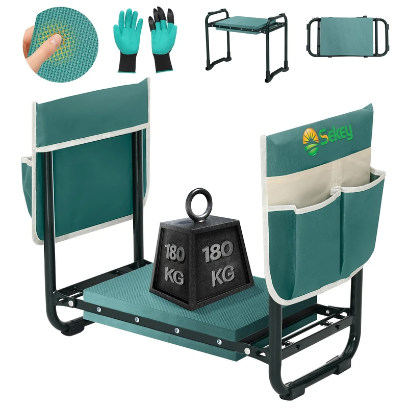 Sekey Height-adjustable kneeler for gardening, load capacity 180 kg, folding garden stool with tool pockets, knee comfort garden, green